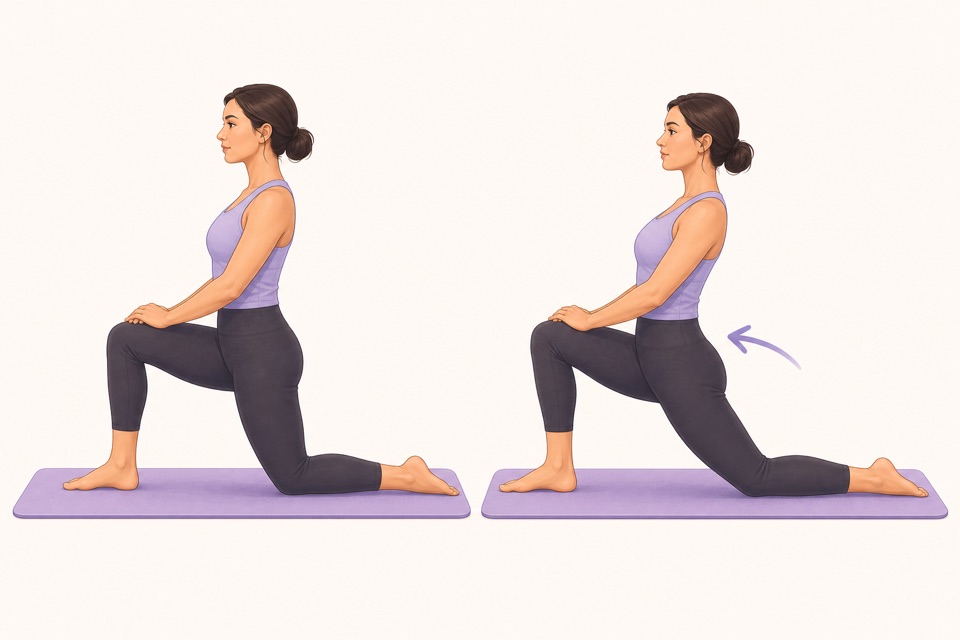Wiggle exercise illustration showing a kneeling hip flexor stretch.