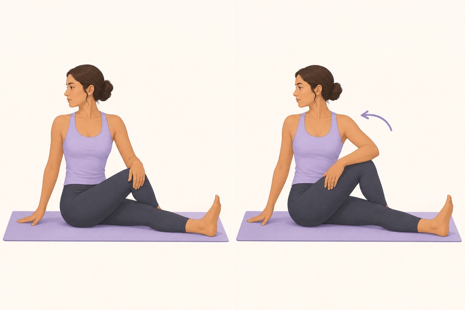 Wiggle exercise illustration showing a seated spinal twist.