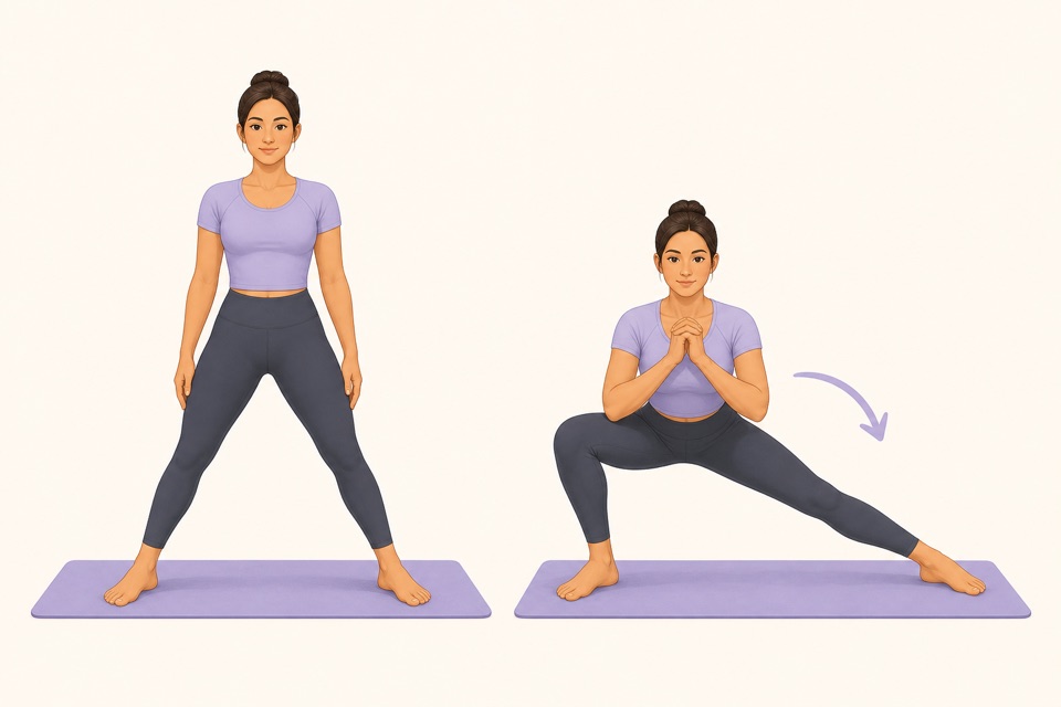 Wiggle exercise illustration showing a side lunge adductor stretch.