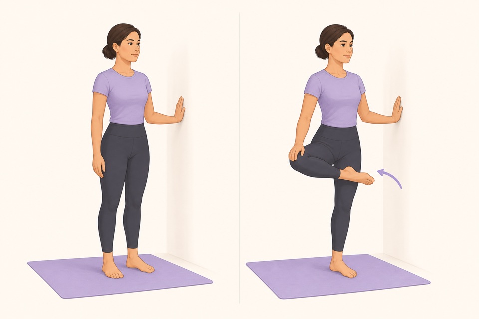 Wiggle exercise illustration showing a standing figure-four stretch.