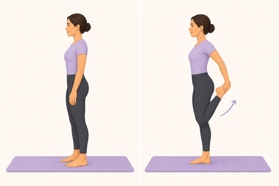 Wiggle exercise illustration showing standing quad stretch.