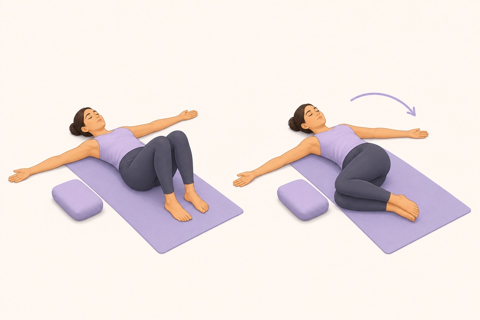 Wiggle exercise illustration showing a supine spinal twist.