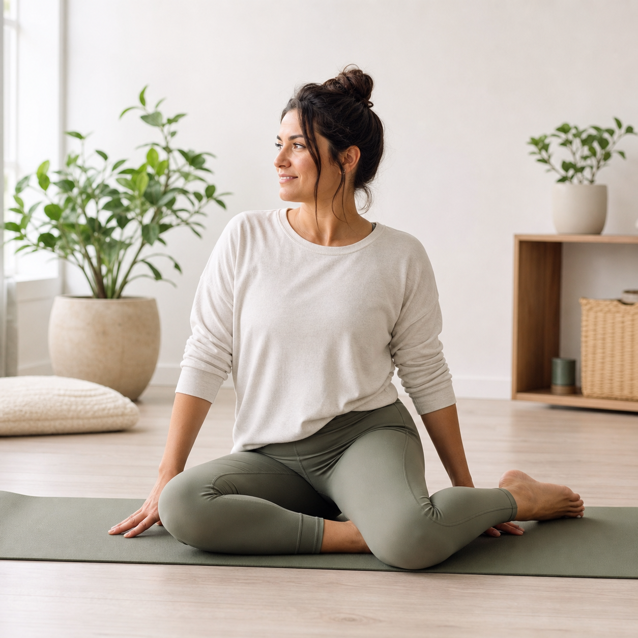 Person demonstrating a supported 90/90 hip stretch on a yoga mat.