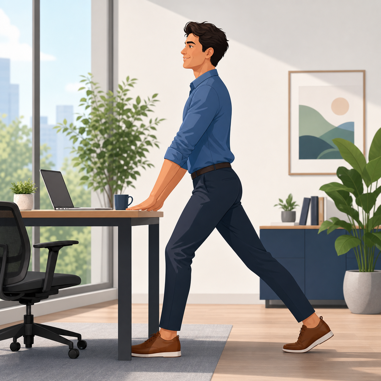 Illustration of a desk worker doing a gentle standing calf stretch beside a chair.