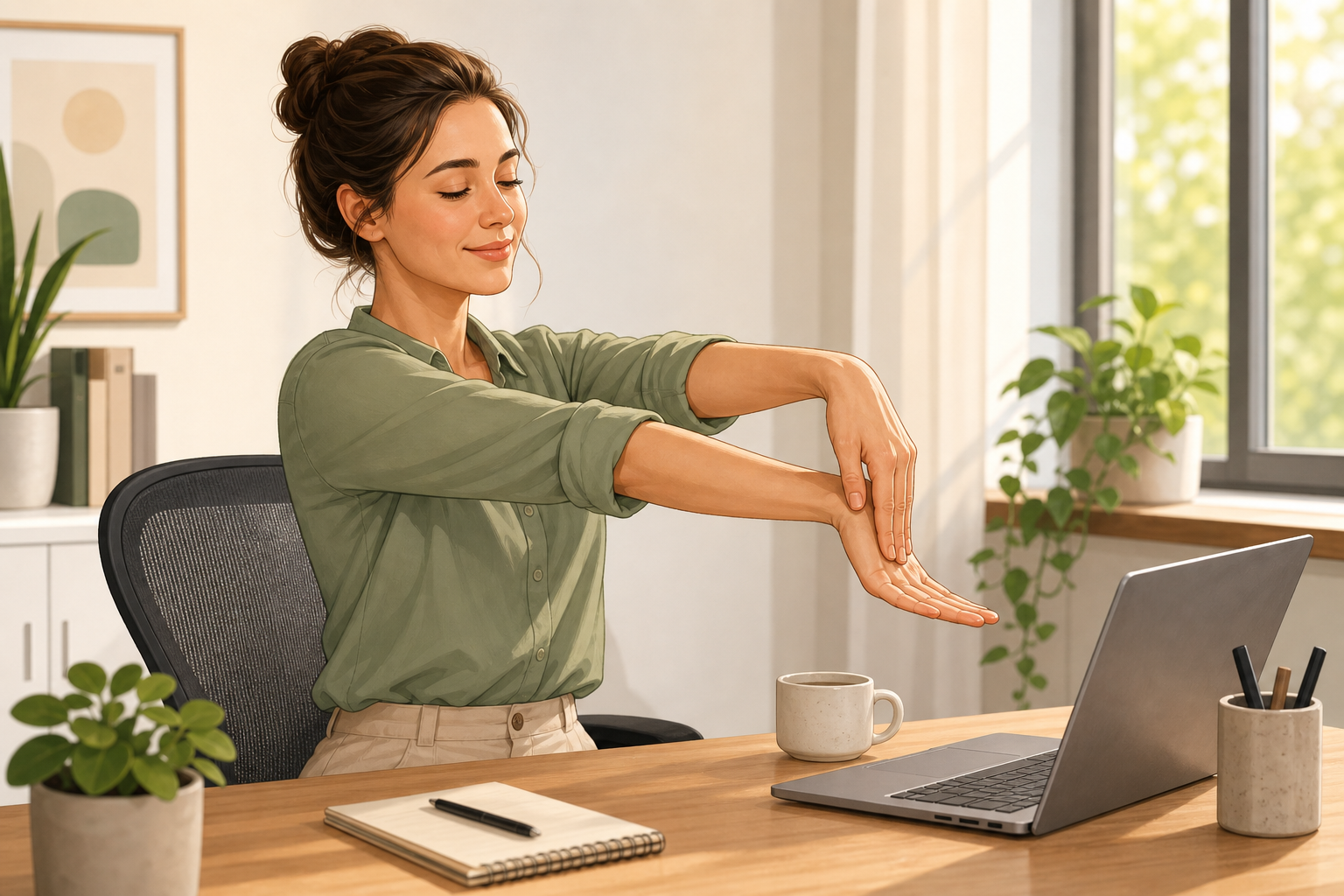 Illustration of a desk worker doing a gentle forearm stretch beside a laptop.