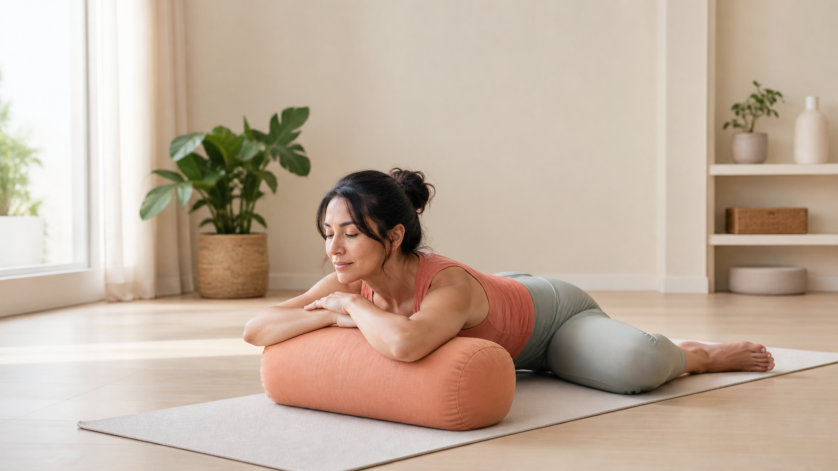 Beginner demonstrating a supported frog stretch on a yoga mat with a bolster.