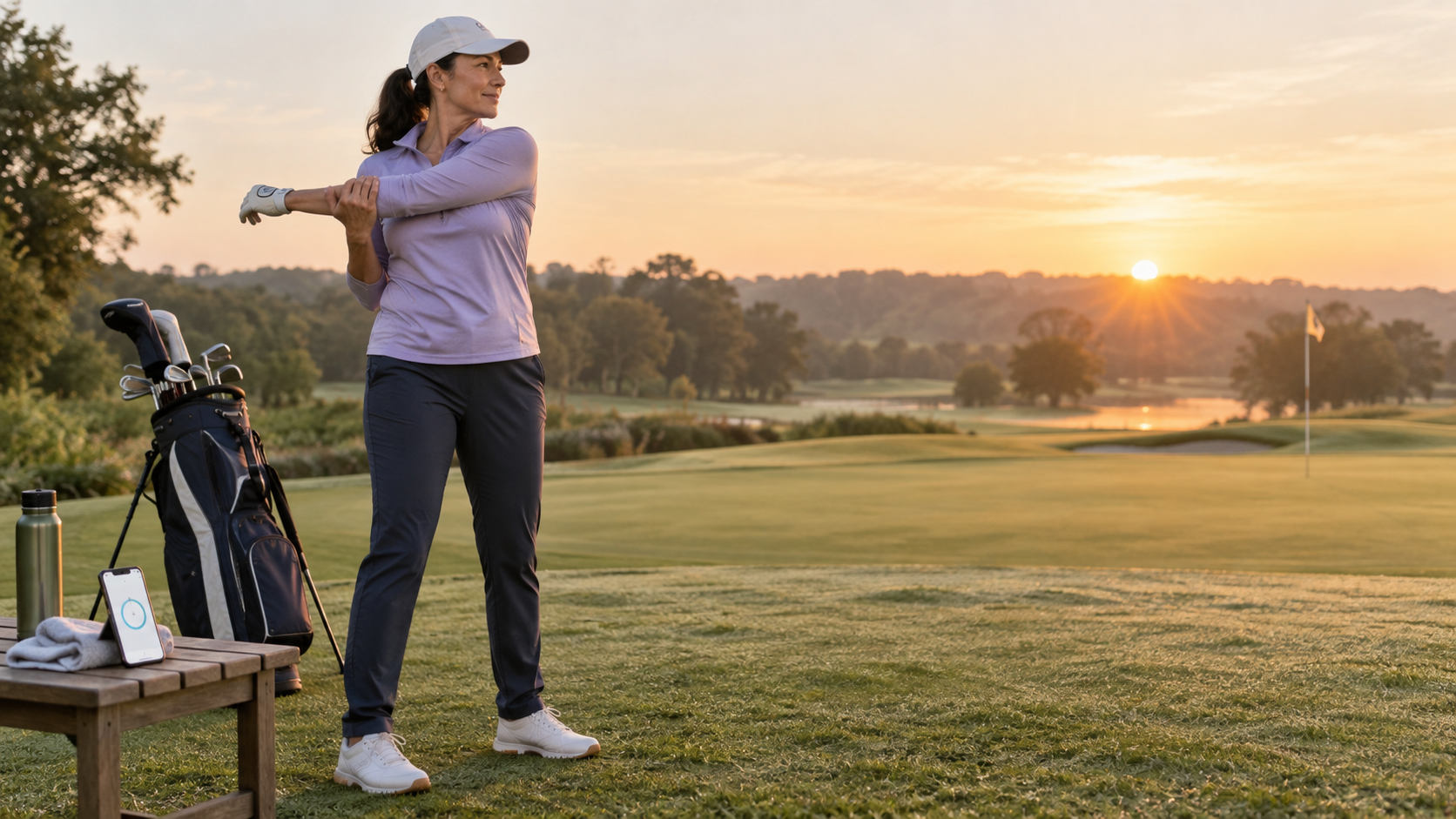 Golfer following a guided standing mobility timer beside a golf bag.