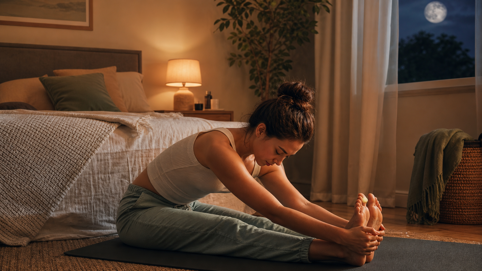 Person doing gentle stretches before bed in a calm bedroom.
