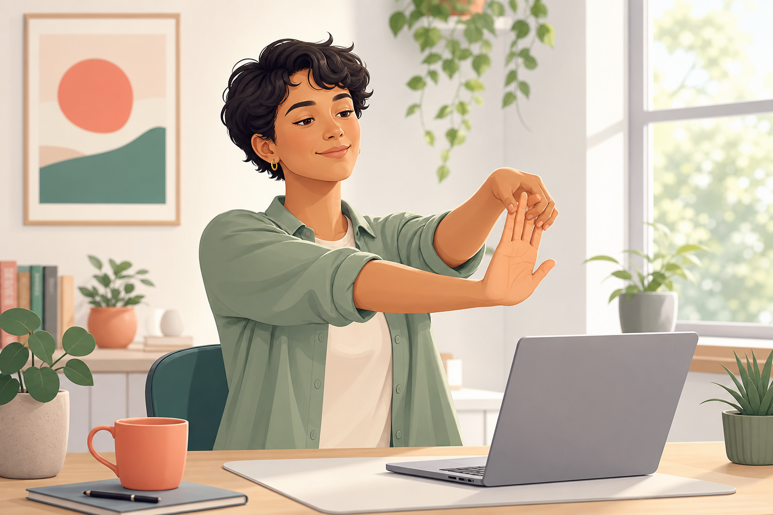 Illustration of an office worker doing a gentle wrist and forearm stretch beside a laptop.