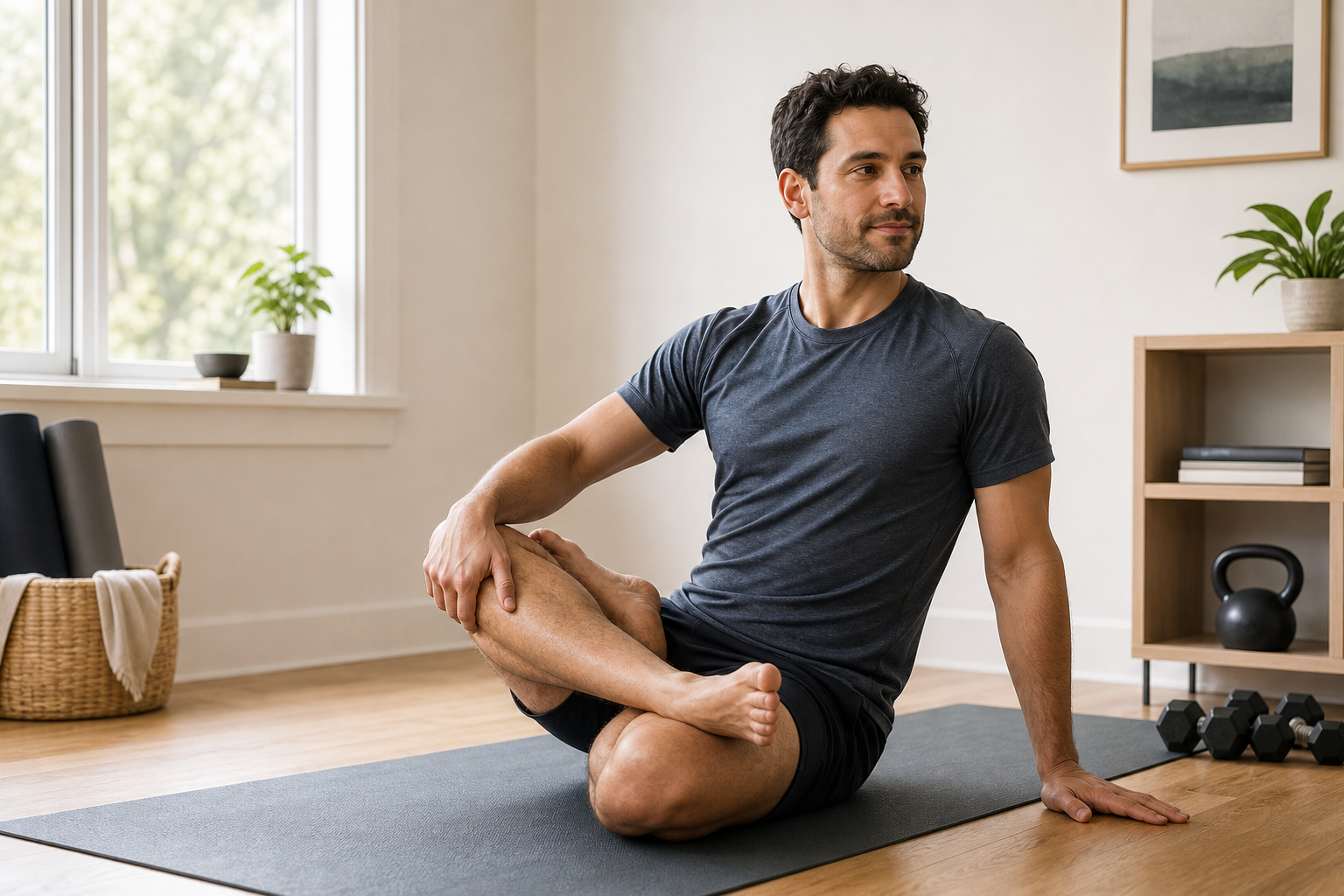 Person doing a supported seated figure-four hip stretch on a yoga mat for hip external rotation.