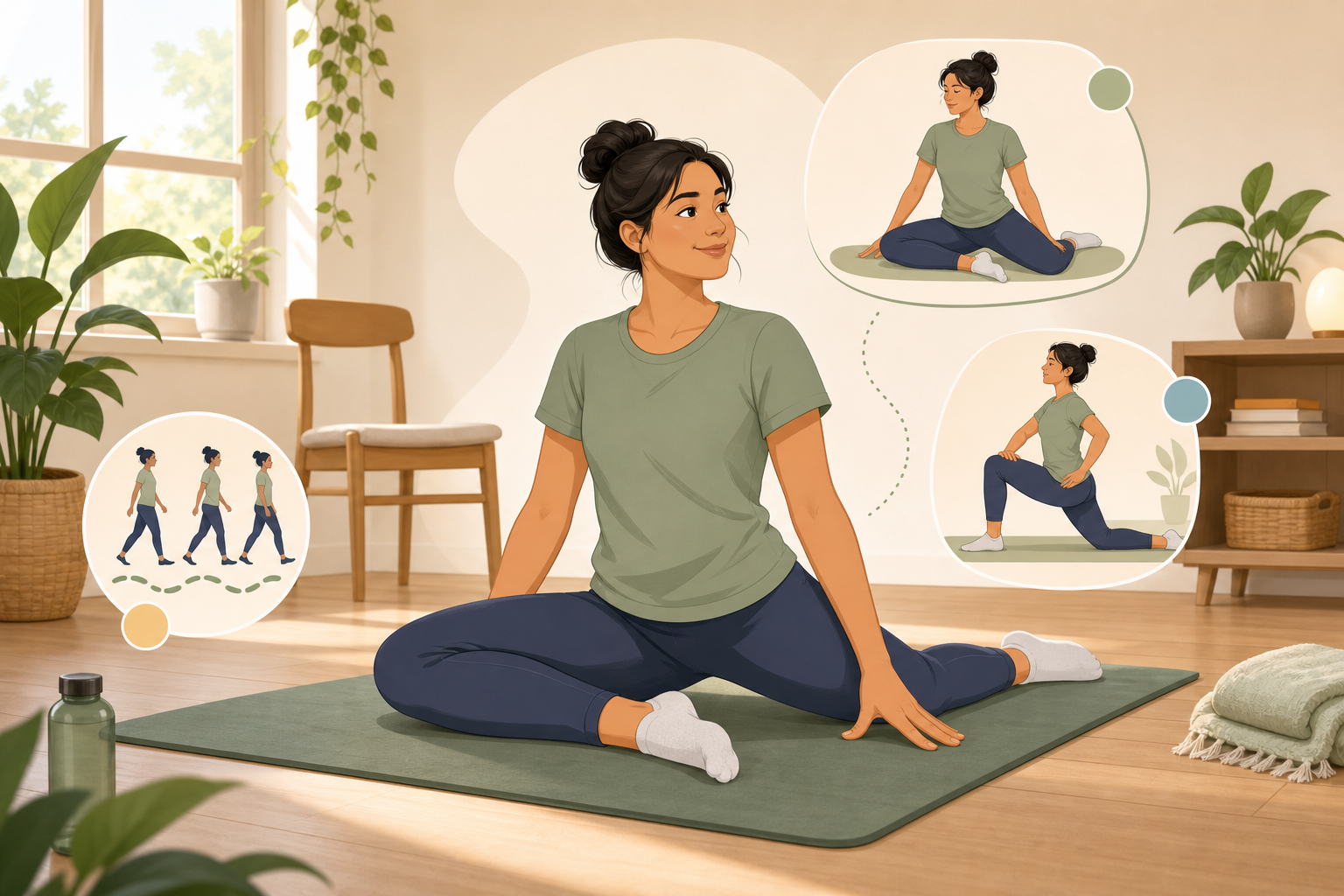 Beginner doing gentle hip mobility exercises on a mat with chair support nearby.