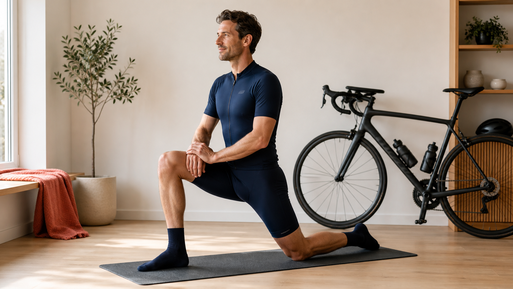 Cyclist performing a supported hip mobility stretch beside a road bicycle.