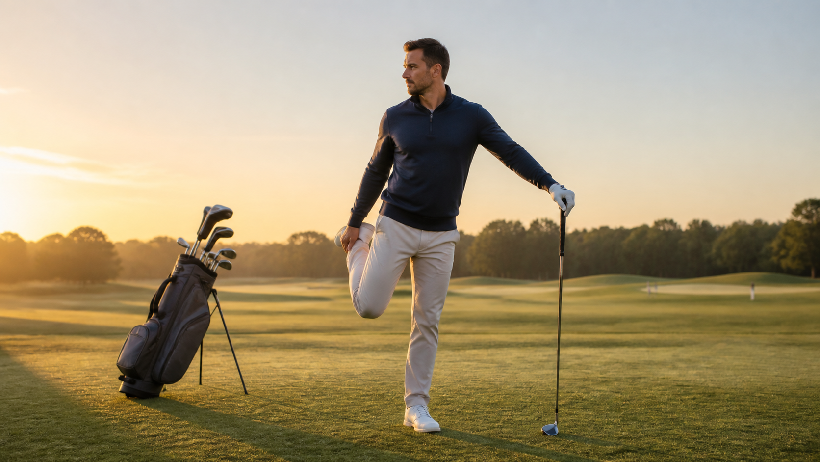 Golfer performing a supported standing hip mobility warm-up beside a golf bag.