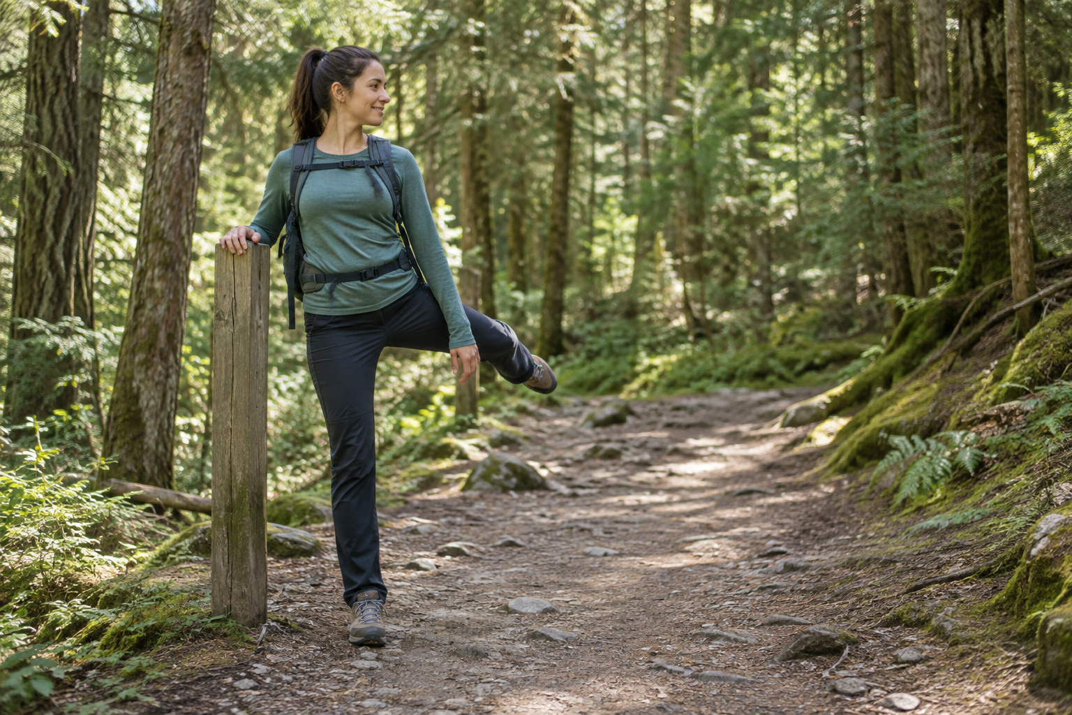 Day hiker doing a supported standing hip mobility movement beside a forest trail.