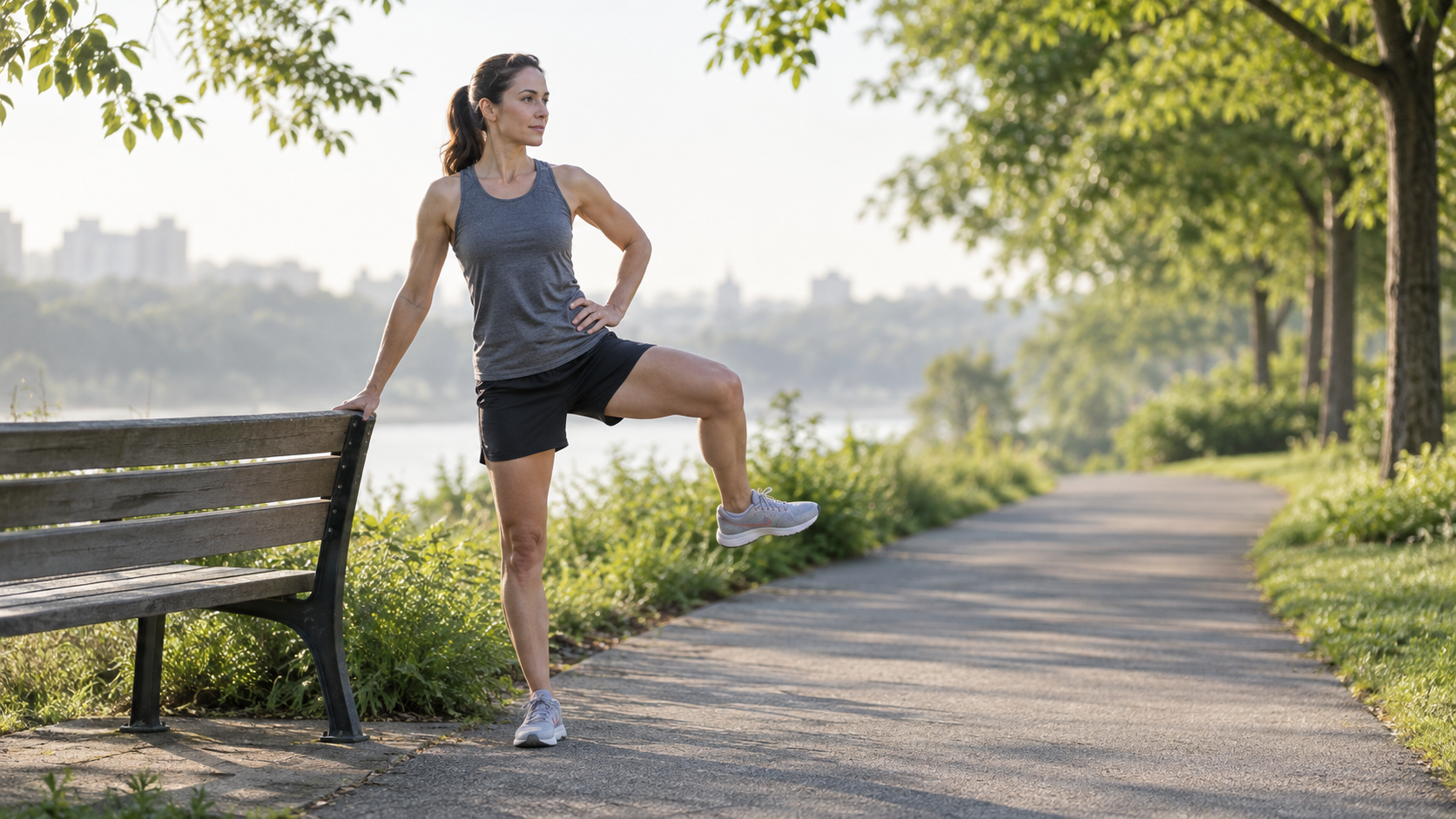 Recreational runner doing a supported standing hip mobility movement beside a park path.