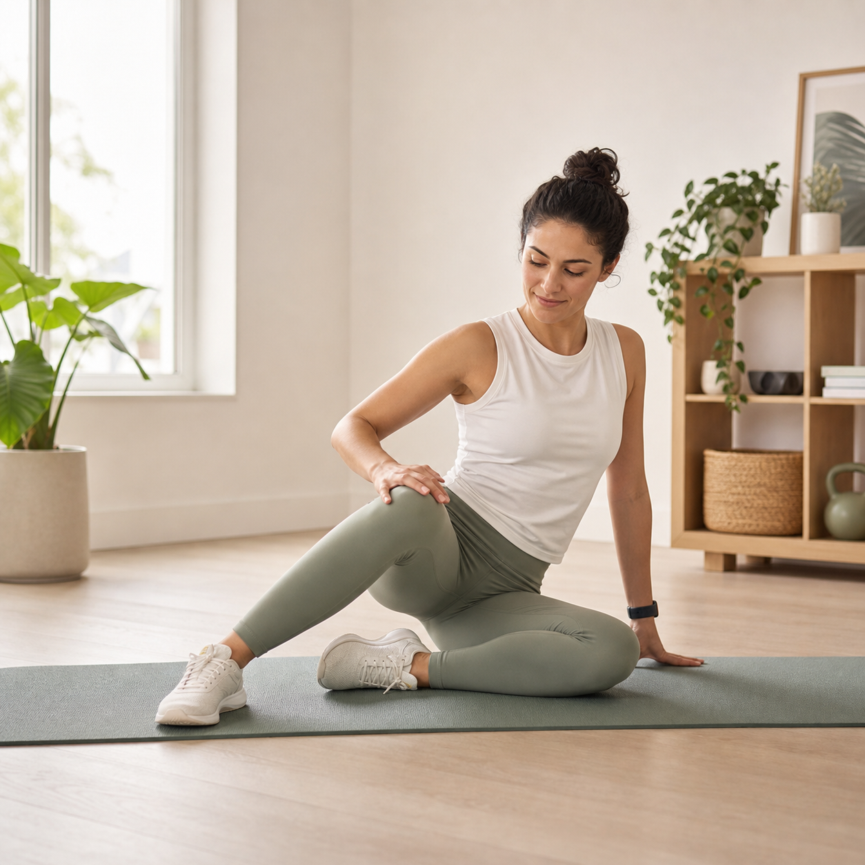 Person checking hip mobility beside a yoga mat before starting a stretch routine.