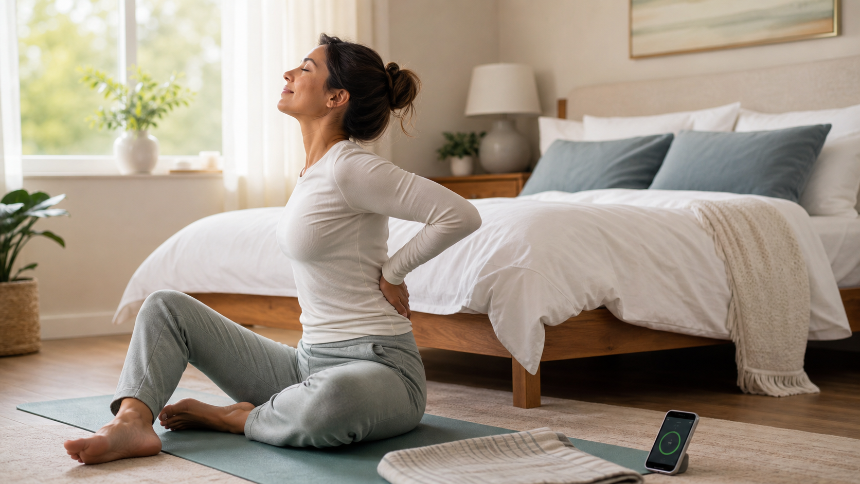 Person doing gentle morning lower-back stretches beside a bed with a stretch timer nearby.