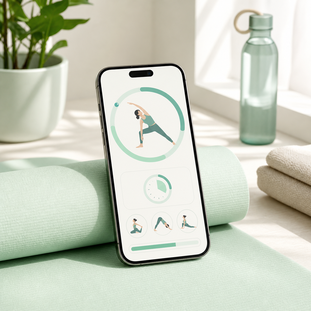 Smartphone on a yoga mat showing a gentle timed mobility routine.
