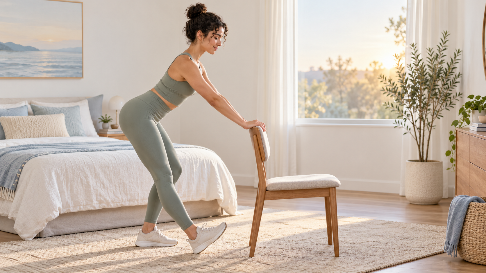 An adult doing a supported standing hamstring hinge beside a chair in morning light.
