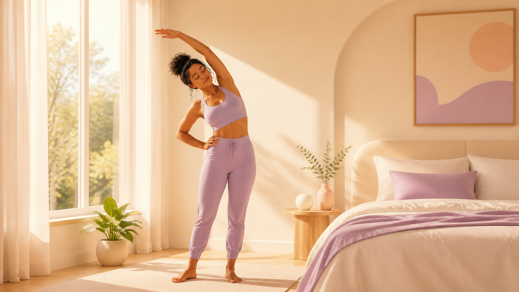 Person doing a gentle standing side reach in a sunlit room.