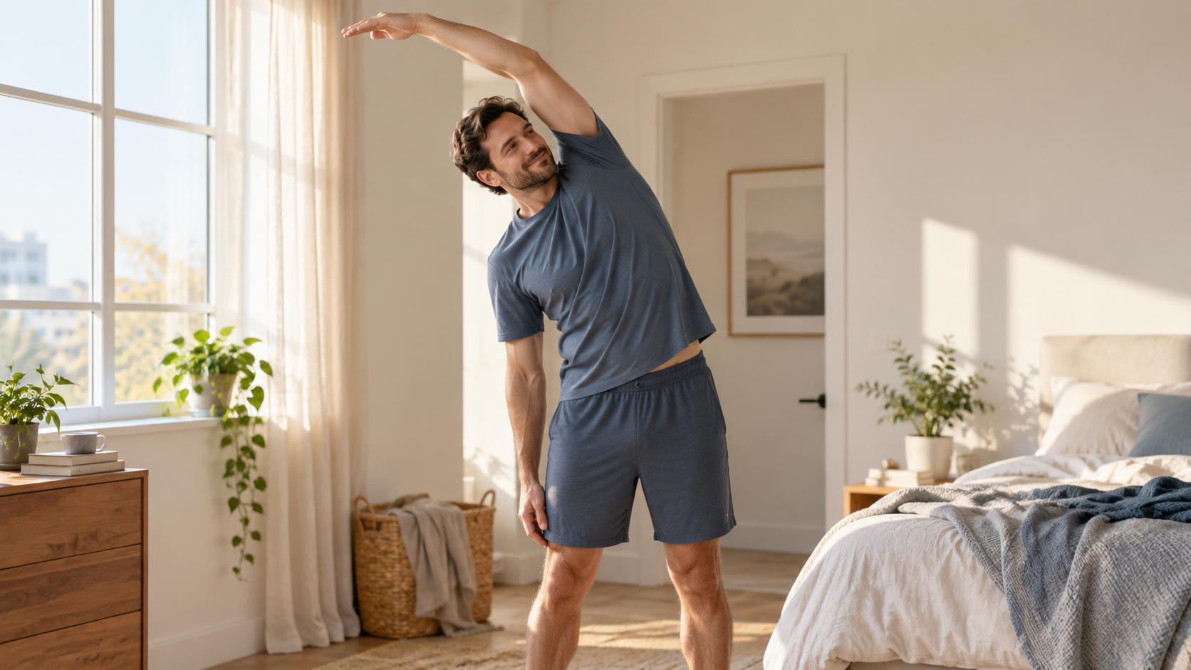 A man doing a gentle standing side reach beside a sunlit window in the morning.