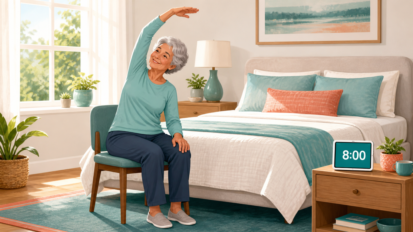 Older adult doing gentle chair-first morning stretches with a Wiggle stretch timer.