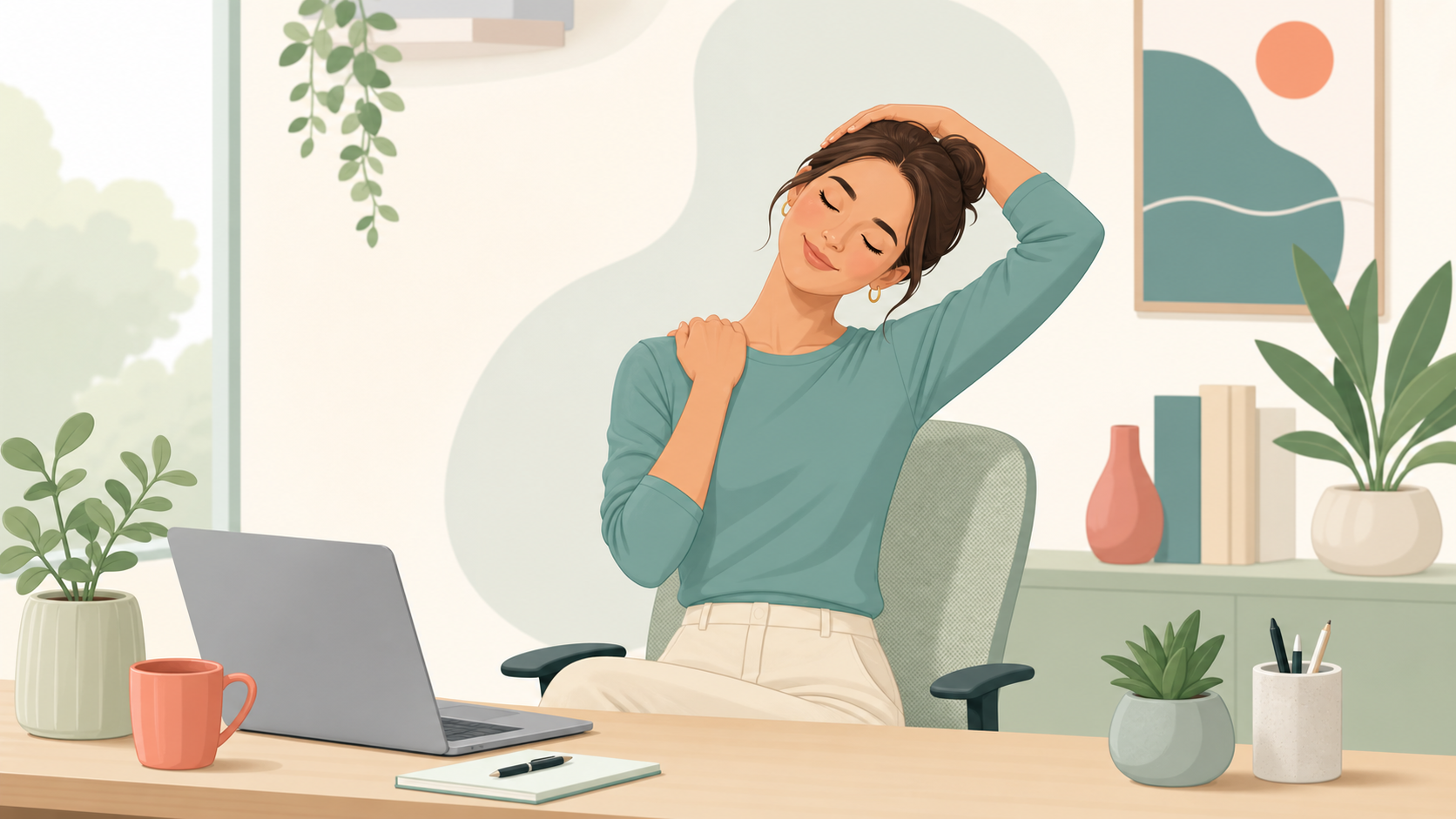 Illustration of a desk worker doing a gentle neck stretch beside a laptop.