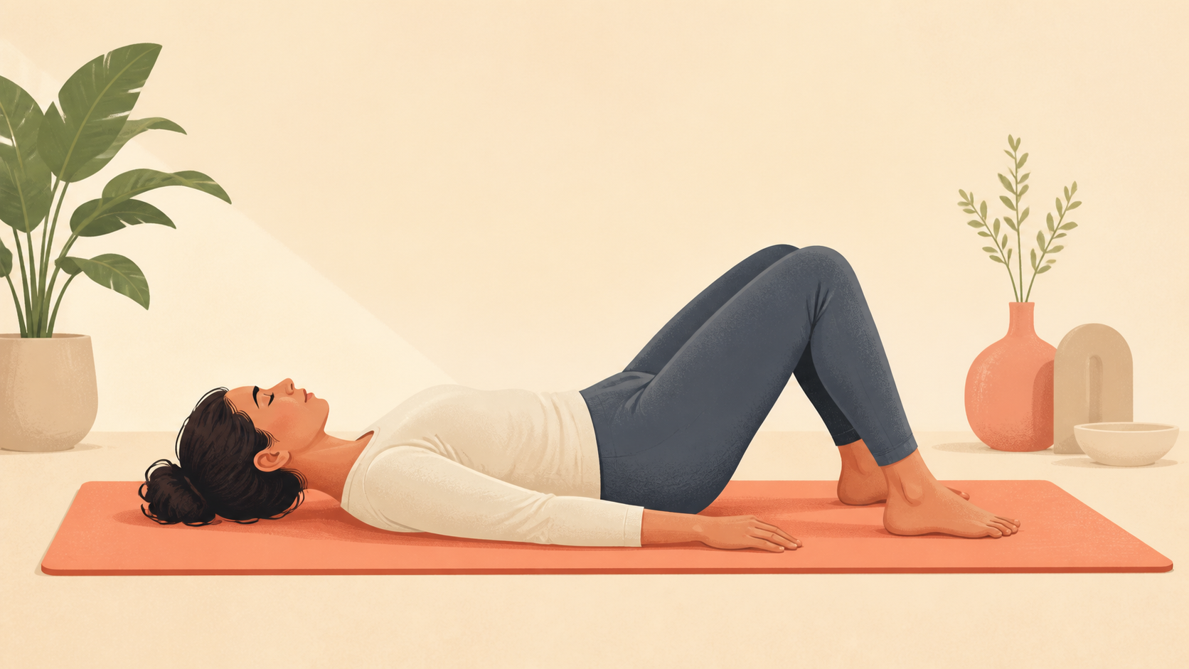 Adult practising a gentle pelvic tilt on a mat during a short mobility routine.