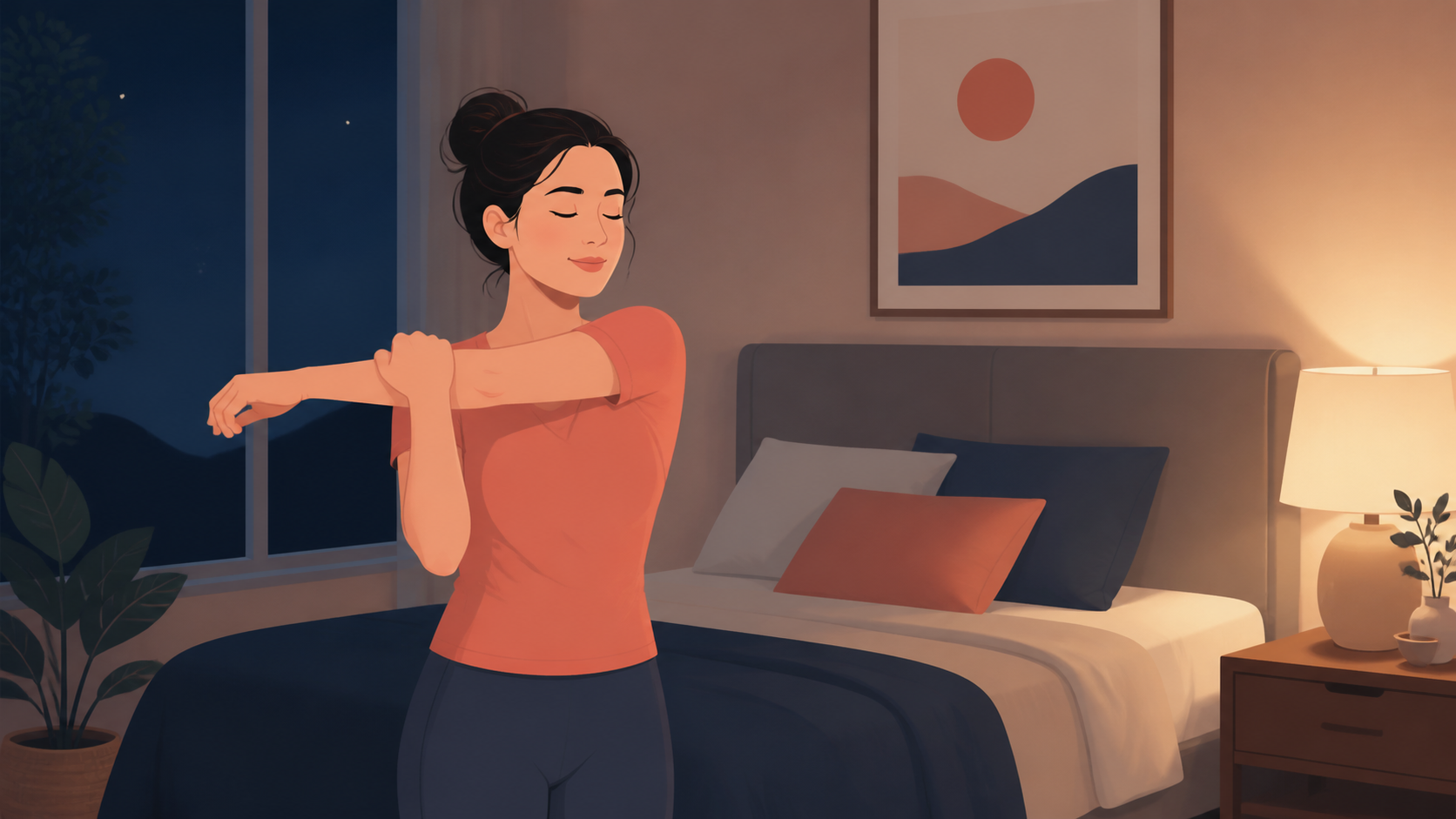 Person doing a gentle cross-body shoulder stretch beside a bed.