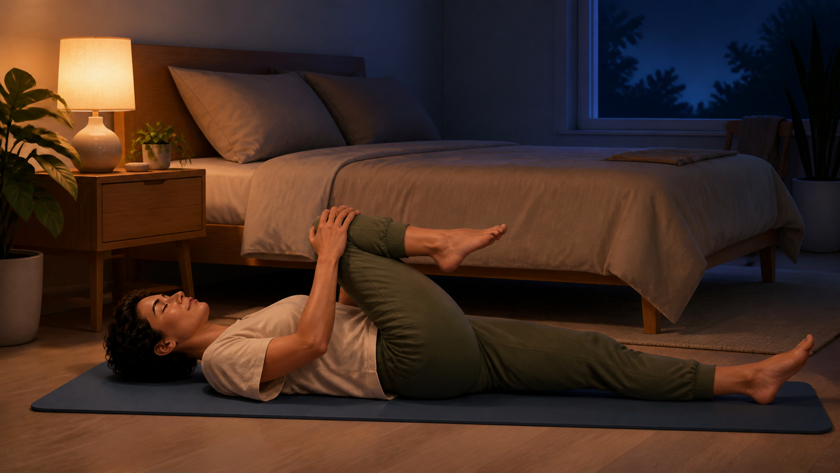 Person practicing a gentle somatic knee-to-chest release beside a bed.