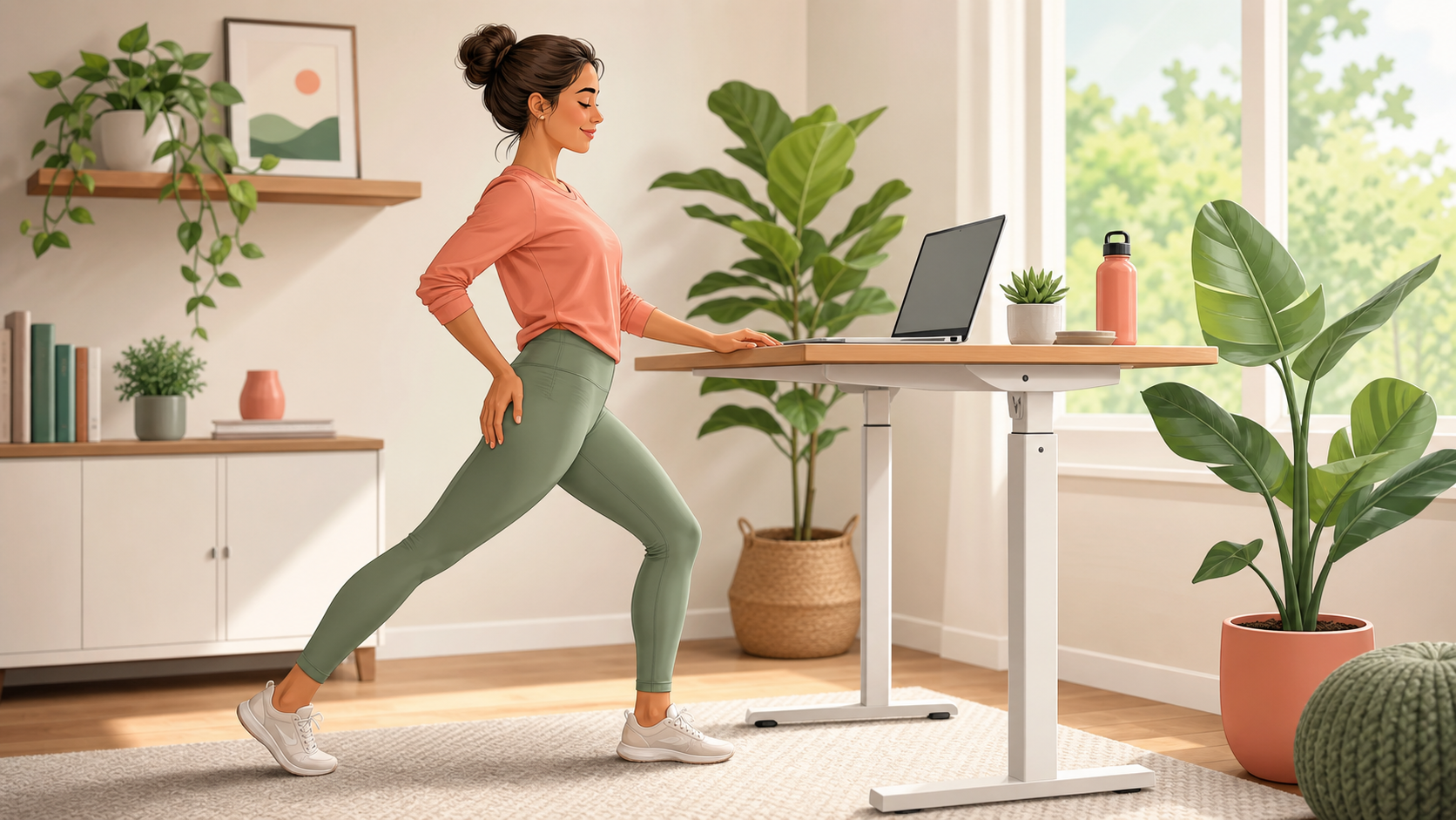 Illustration of a desk worker doing a supported standing stretch beside a standing desk.
