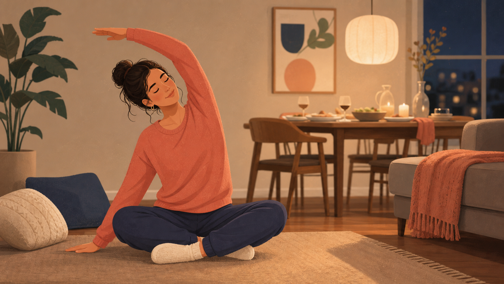 Person doing a gentle seated side stretch in a softly lit room after dinner.