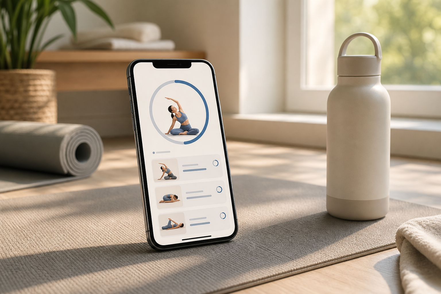 iPhone showing a guided stretching timer beside a home stretching mat.