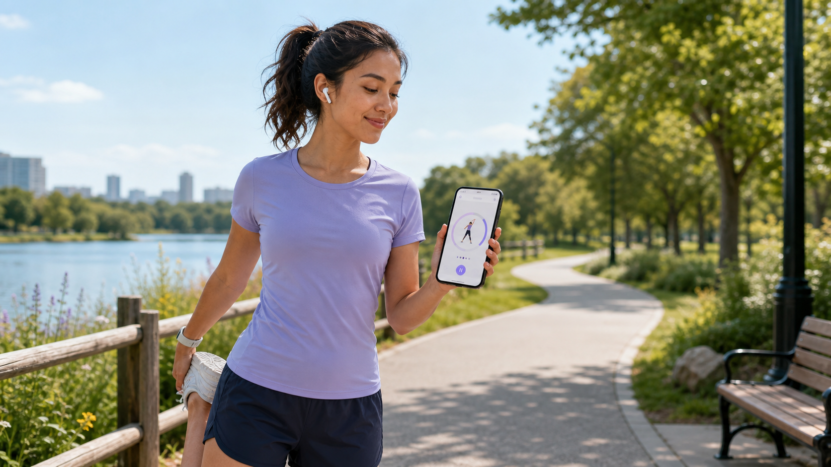 Runner cooling down beside a phone with a guided stretch timer.