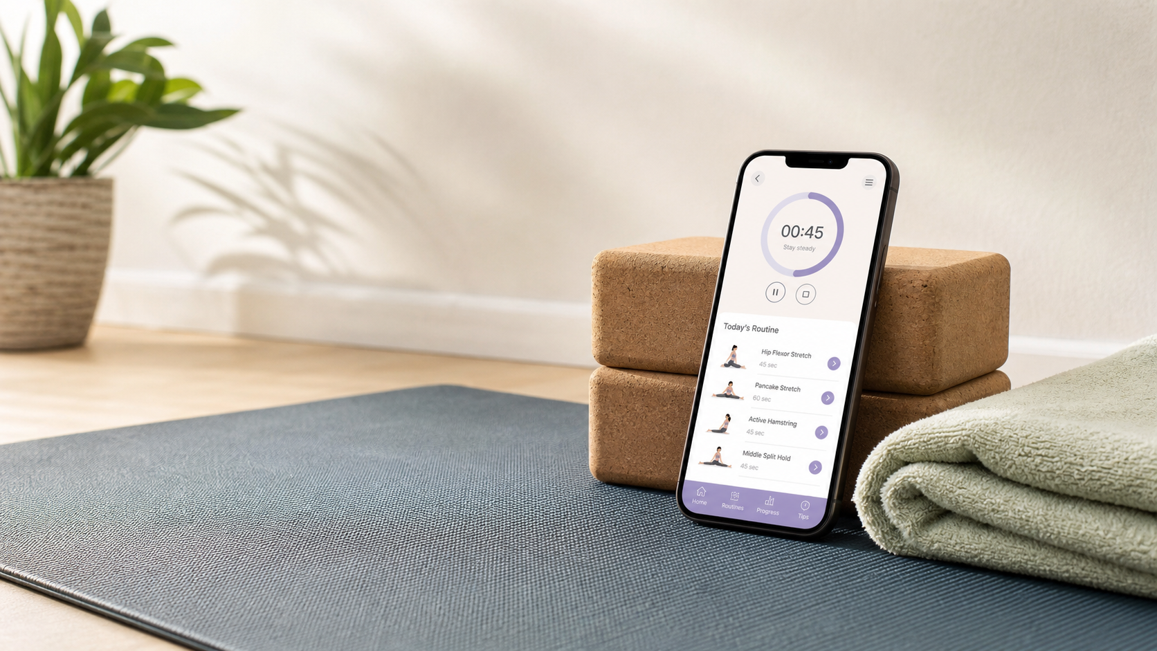 Phone on a yoga mat showing a guided split-training stretch timer with yoga blocks nearby.