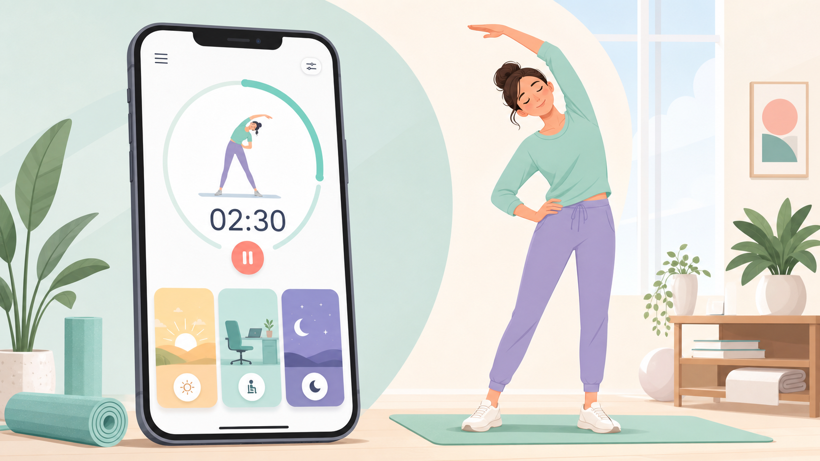 Guided stretching routine app illustration with a timer and morning, desk, and bedtime routine cards.